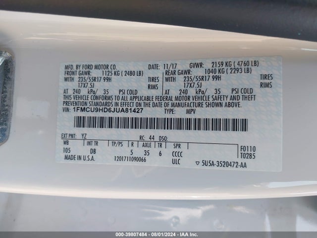 Ford ESCAPE SEL 2018 1FMCU9HD6JUA81427 Image 9
