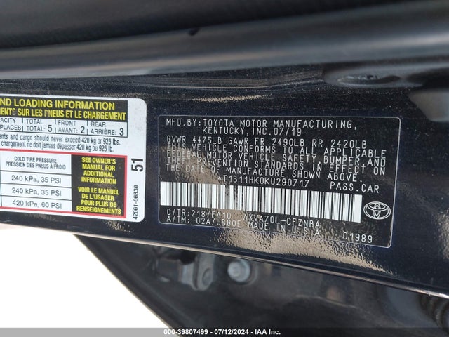 Toyota CAMRY LE 2019 4T1B11HK0KU290717 Image 9