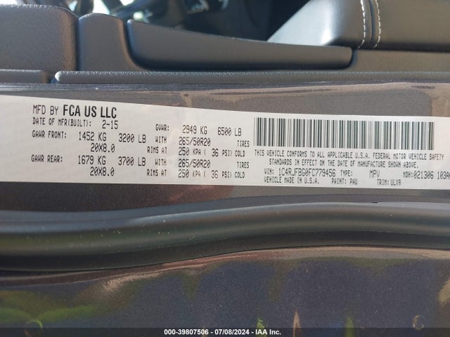 Jeep Grand Cherokee Limited 2015 1C4RJFBG0FC779456 Image 9