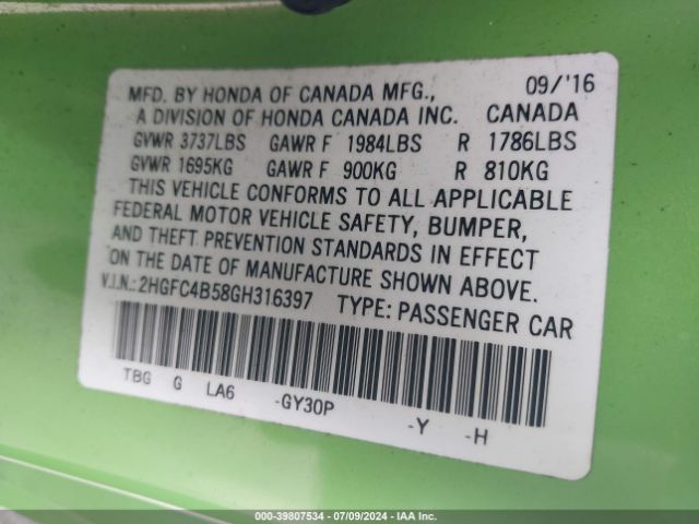 2HGFC4B58GH316397 Honda Civic Lx