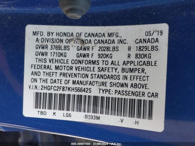 2HGFC2F87KH566425 Honda Civic Sport