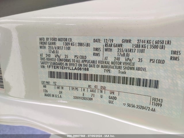Ford RANGER XL 2020 1FTER1EH1LLA08188 Image 9