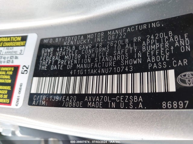 Toyota CAMRY SE 2022 4T1G11AK4NU710743 Image 9
