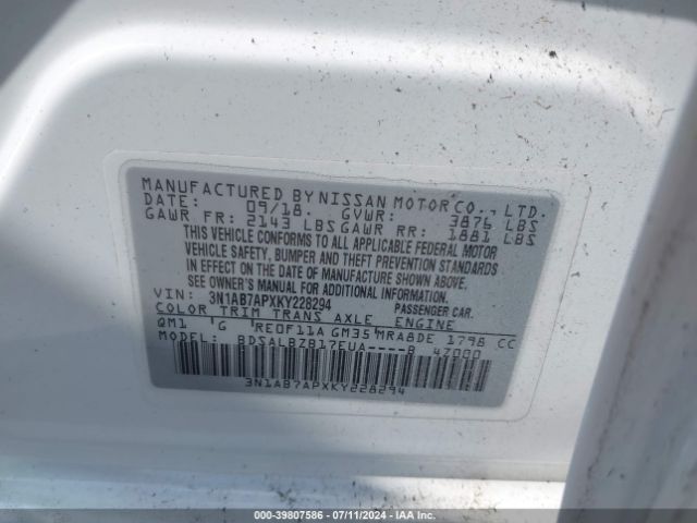 3N1AB7APXKY228294 Nissan SENTRA S