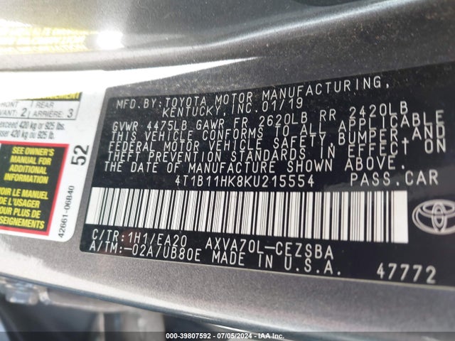 Toyota CAMRY SE 2019 4T1B11HK8KU215554 Image 9