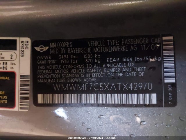 2010 MINI COOPER S WMWMF7C5XATX42970 Photo 8