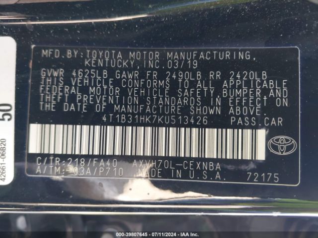 4T1B31HK7KU513426 Toyota Camry Hybrid Le