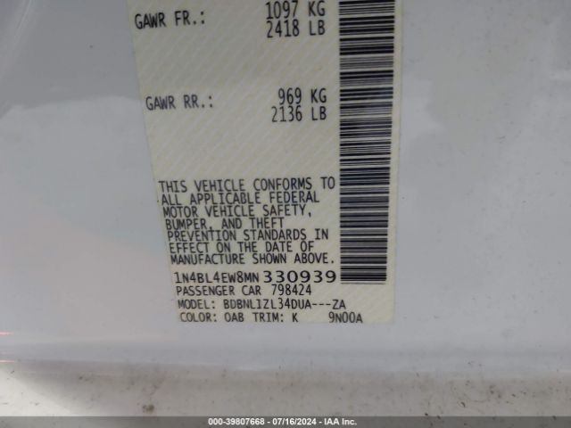 1N4BL4EW8MN330939 Nissan Altima Sl Intelligent Awd