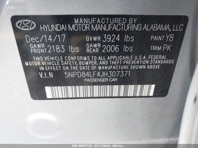 Hyundai ELANTRA SEL 2018 5NPD84LF4JH307371 Image 9