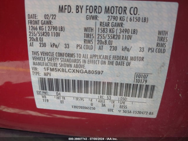 Ford Explorer King Ranch 2022 1FM5K8LCXNGA80597 Image 9