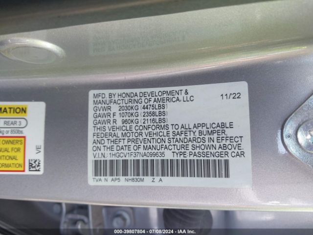 1HGCV1F37NA099635 Honda Accord Sport