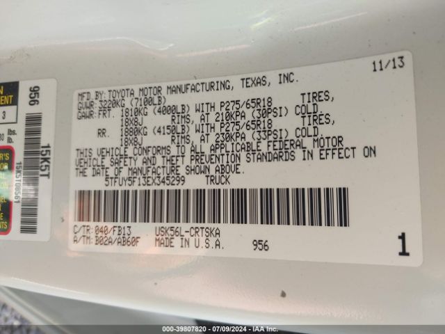 5TFUY5F13EX345299 Toyota Tundra Sr5 5.7l V8