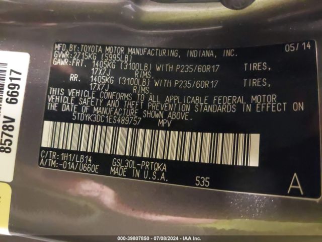 5TDYK3DC1ES489757 Toyota Sienna Xle V6 8 Passenger