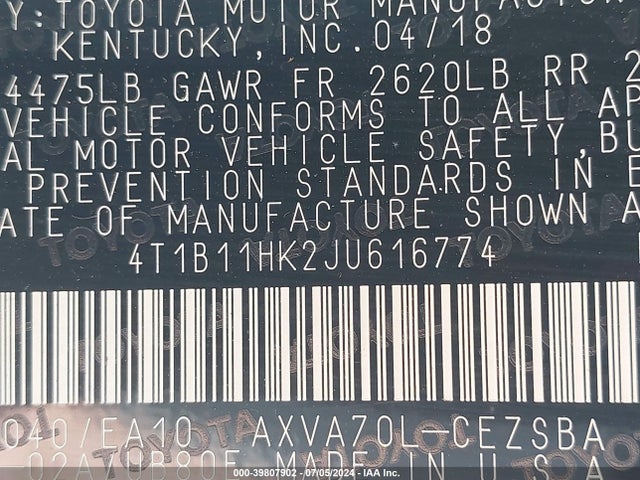 Toyota CAMRY SE 2018 4T1B11HK2JU616774 Image 9