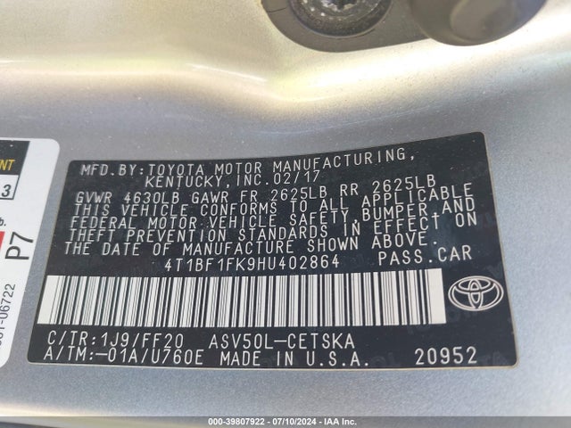 Toyota CAMRY SE 2017 4T1BF1FK9HU402864 Image 9
