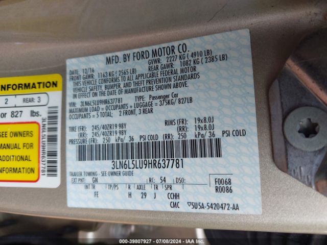 3LN6L5LU9HR637781 Lincoln Mkz Hybrid Select
