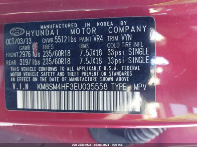 KM8SM4HF3EU035558 Hyundai Santa Fe Gls
