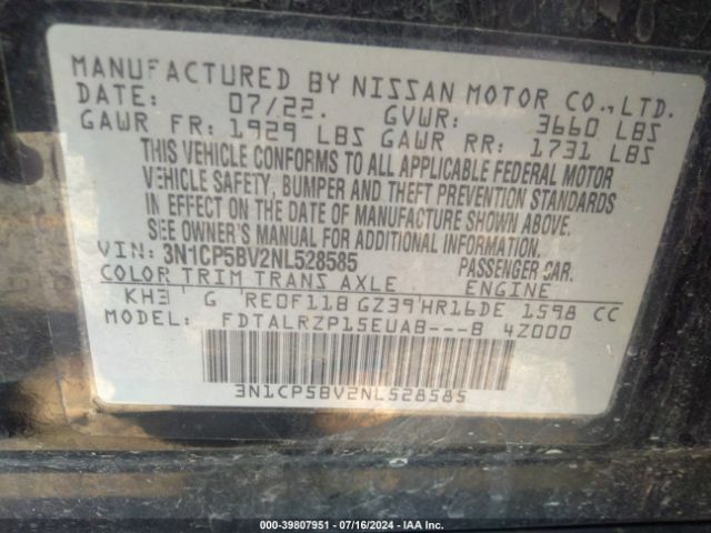 3N1CP5BV2NL528585 Nissan Kicks S Xtronic Cvt