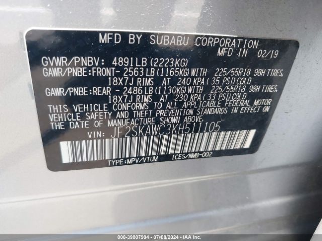 JF2SKAWC3KH511105 Subaru Forester Touring