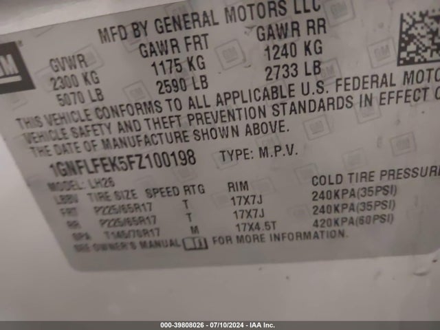 Chevrolet EQUINOX 1LT 2015 1GNFLFEK5FZ100198 Image 9