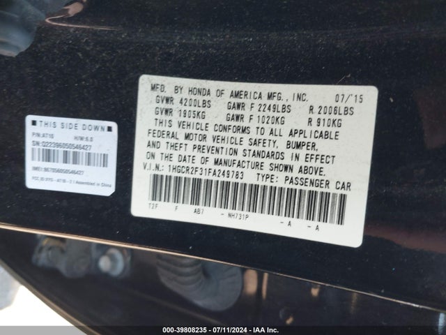 Honda ACCORD LX 2015 1HGCR2F31FA249783 Image 9