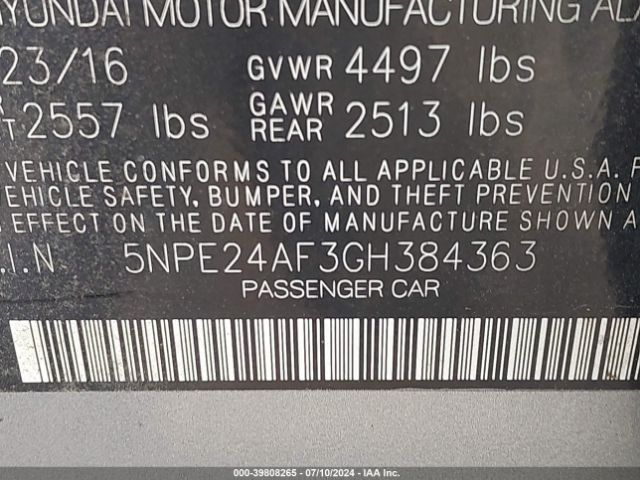 5NPE24AF3GH384363 Hyundai SONATA SE