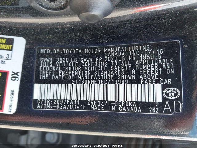 Toyota COROLLA L 2016 2T1BURHE1GC713989 Image 9