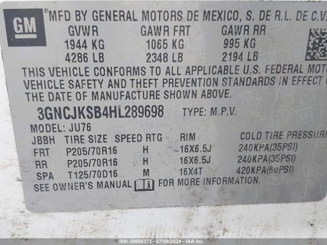 3GNCJKSB4HL289698 Chevrolet TRAX LS