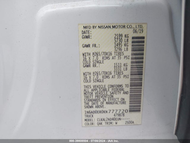 Nissan Frontier Sv 2019 1N6AD0ER0KN777720 Image 9