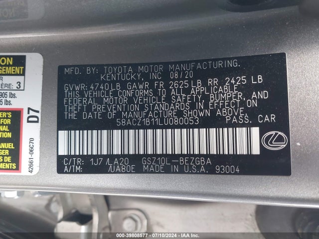 Lexus ES 350 2020 58ACZ1B11LU080053 Image 9