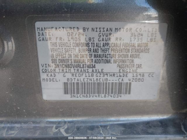 3N1CN8DV4RL874034 Nissan Versa 1.6 S