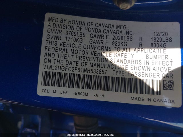 Honda Civic Lx 2021 2HGFC2F61MH533857 Image 9