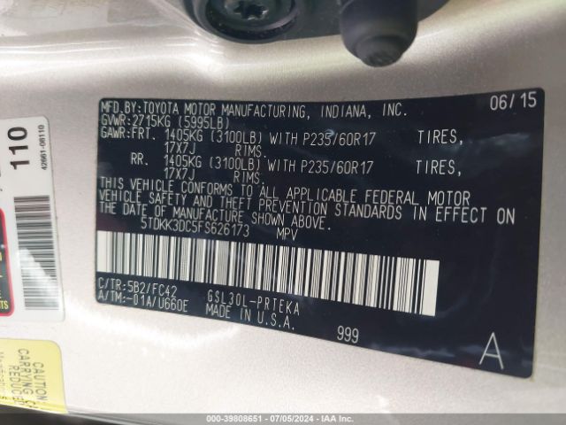 5TDKK3DC5FS626173 Toyota Sienna Le 8 Passenger