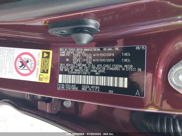 5TDYKRFHXFS108713 Toyota Highlander Limited V6