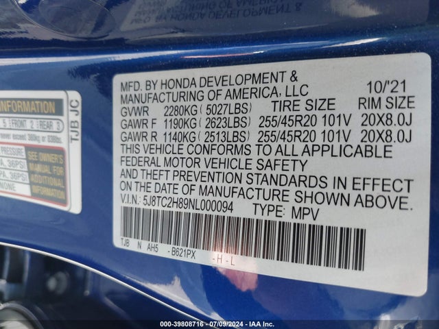 Acura Rdx A-spec Advance Package/pmc Edition 2022 5J8TC2H89NL000094 Image 9
