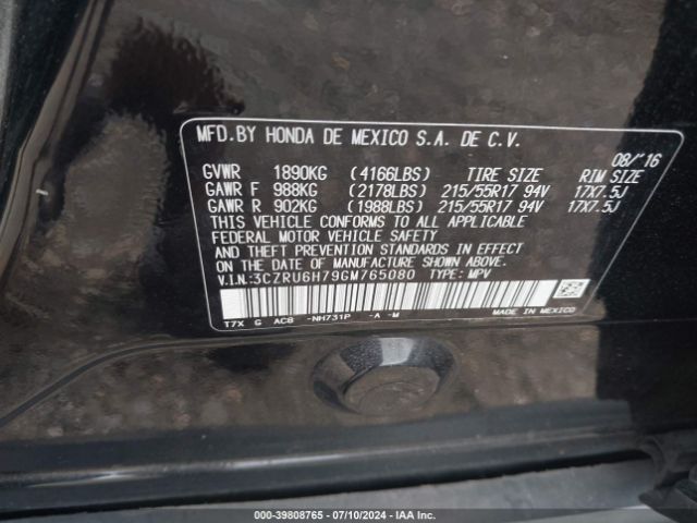 3CZRU6H79GM765080 Honda Hr-v Ex-l