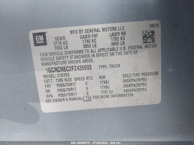 Chevrolet Silverado 1500 1lt 2015 1GCRCREC2FZ435693 Image 9