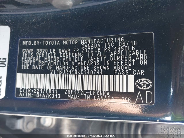 Toyota COROLLA LE 2019 2T1BURHE8KC140744 Image 9