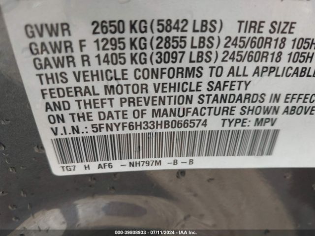 5FNYF6H33HB066574 Honda Pilot Ex