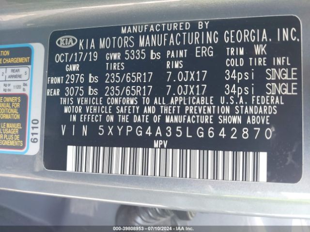 5XYPG4A35LG642870 KIA Sorento 2.4l L