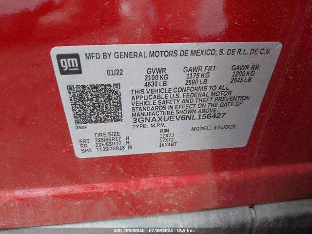 Chevrolet Equinox Awd Lt 2022 3GNAXUEV6NL156427 Image 9