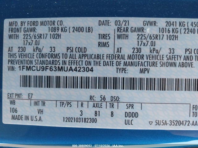 Ford ESCAPE S 2021 1FMCU9F63MUA42304 Image 9