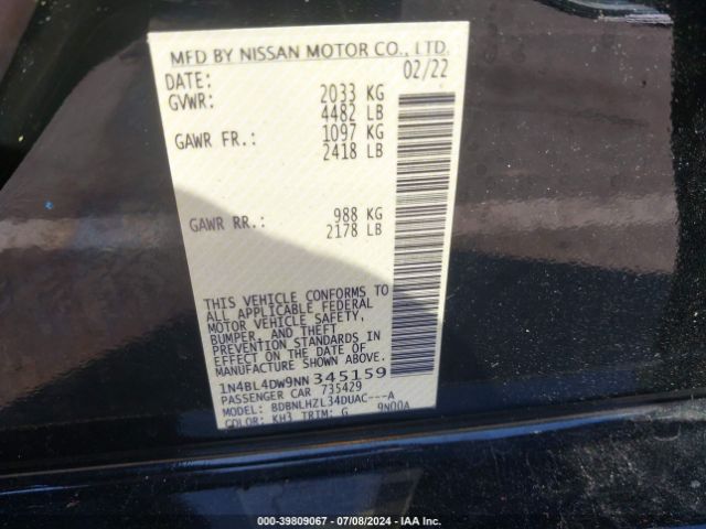 1N4BL4DW9NN345159 Nissan Altima Sv Intelligent Awd