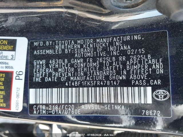 Toyota CAMRY LE 2015 4T4BF1FK5FR478147 Image 9
