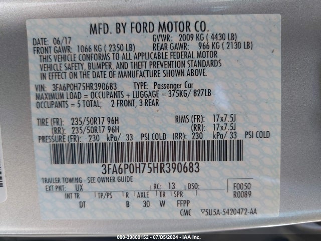 Ford FUSION SE 2017 3FA6P0H75HR390683 Image 9