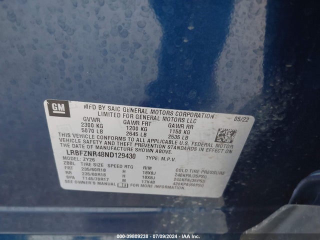 LRBFZNR48ND129430 Buick Envision Fwd Essence