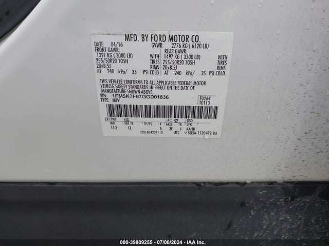 Ford Explorer Limited 2016 1FM5K7F87GGD01836 Image 9