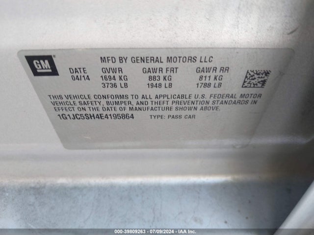 Chevrolet Sonic Lt Auto 2014 1G1JC5SH4E4195864 Image 9