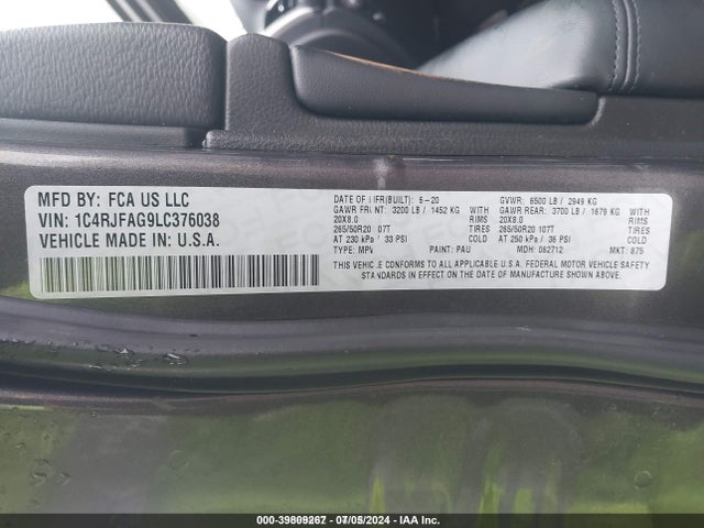 1C4RJFAG9LC376038 Jeep Grand Cherokee Altitude 4x4