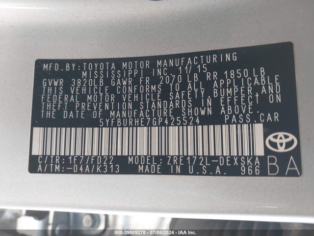 Toyota Corolla S Plus 2016 5YFBURHE7GP425524 Image 9